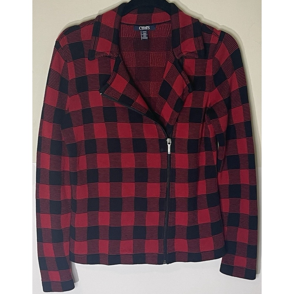 Chaps Women's Small Petite Buffalo Plaid Red Back Sweater Jacket Moto Style